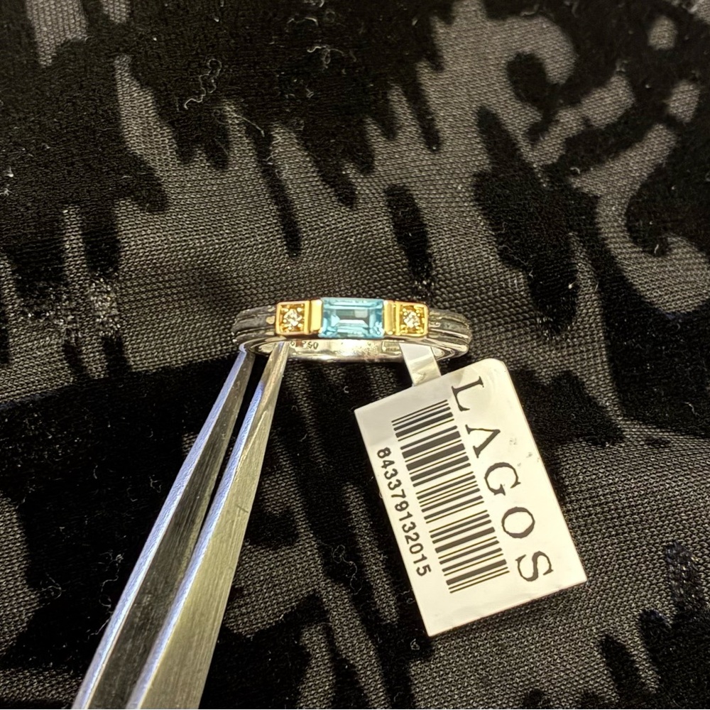 LAGOS Blue Topaz Ring with Side Diamonds. Size 5. NWT